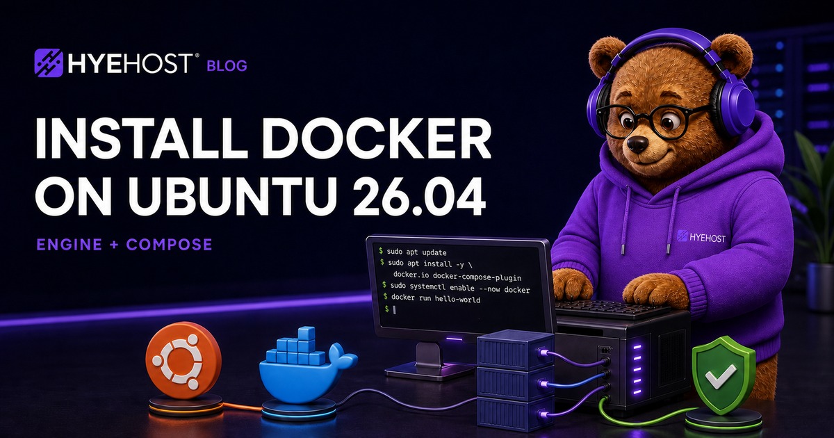 Install Docker on Ubuntu 26.04 HYEHOST blog artwork
